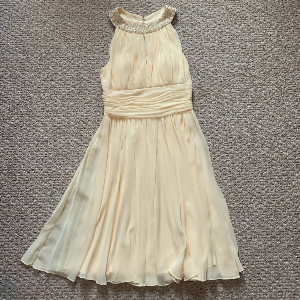 Yellow chiffon halter dress with beaded neck